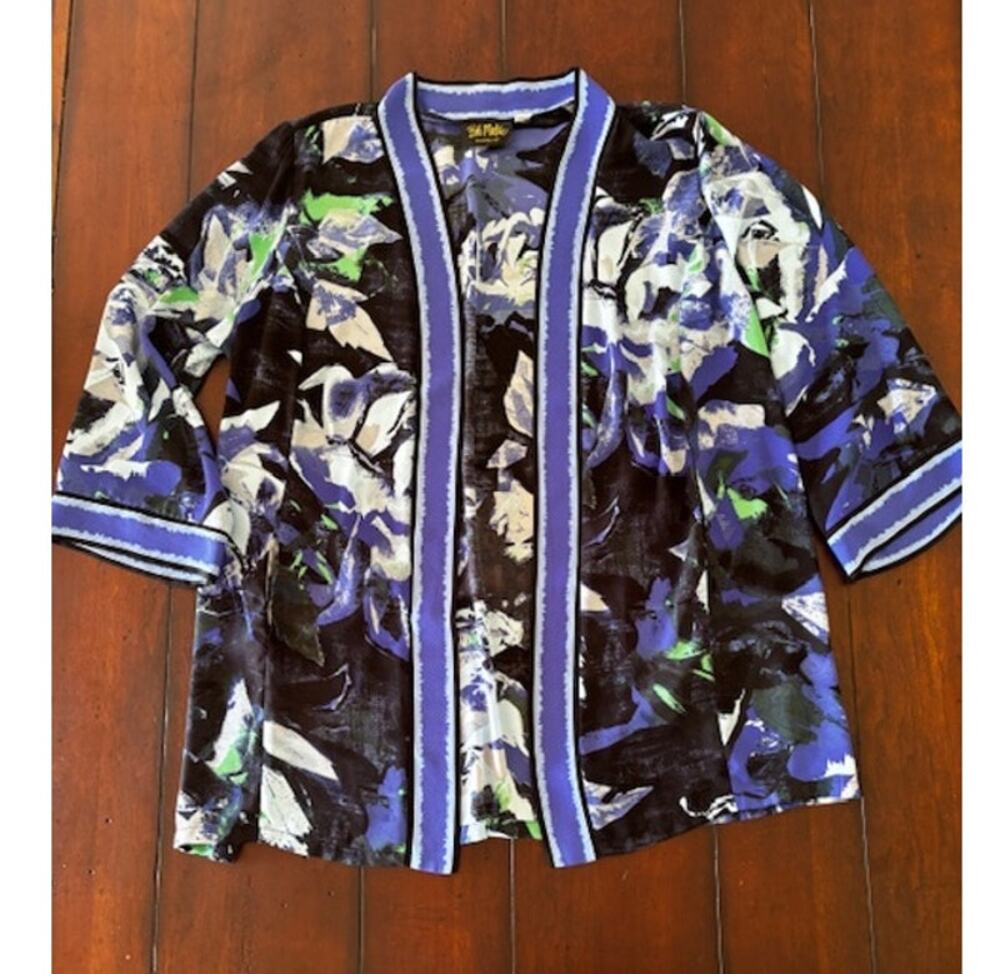 Bob Mackie Wearable Art Jacket Large Purple Floral Open Front Made in USA